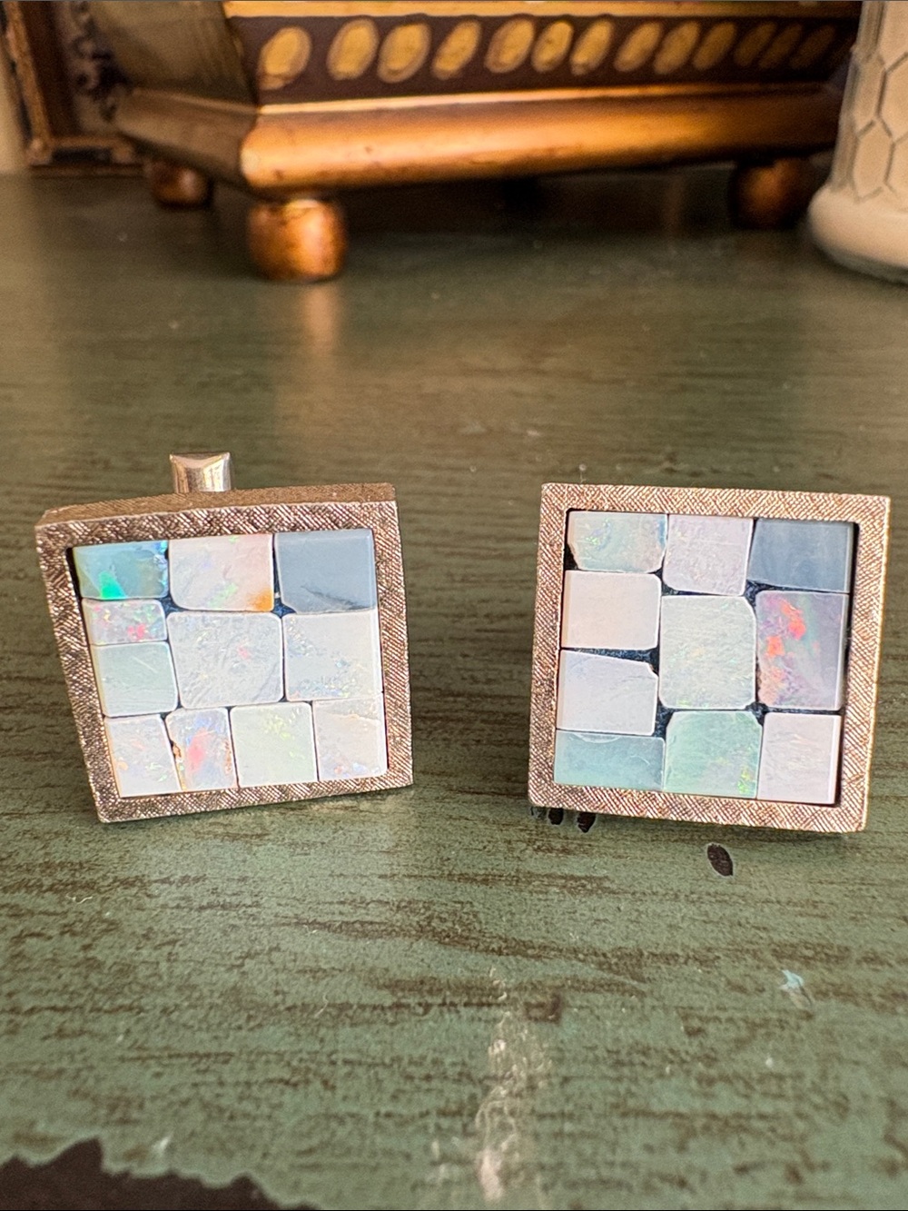 Vintage Sterling Silver Modernist Opal Mosaic Square Cufflinks